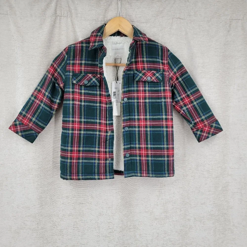 Scene & Heard Tartan Plaid Kids Shirt Jacket Schaket Green and Red Sherpa Lined